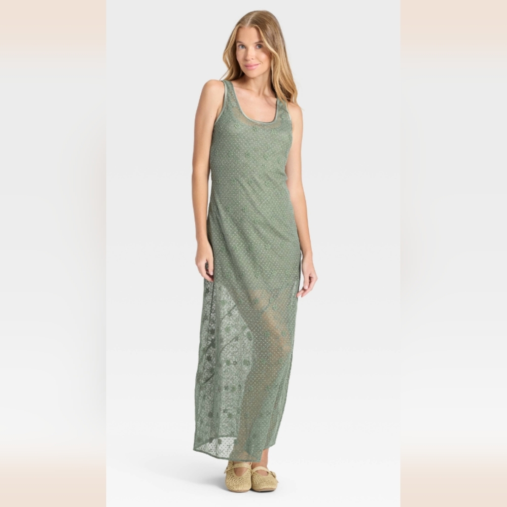 Womens Mesh Lace Maxi Dress XS Sage Green Fairy Earthy‎ Feminine Spring Boho